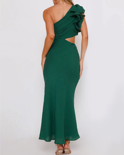 "Emerald Ruffle" One-Shoulder Maxi Dress