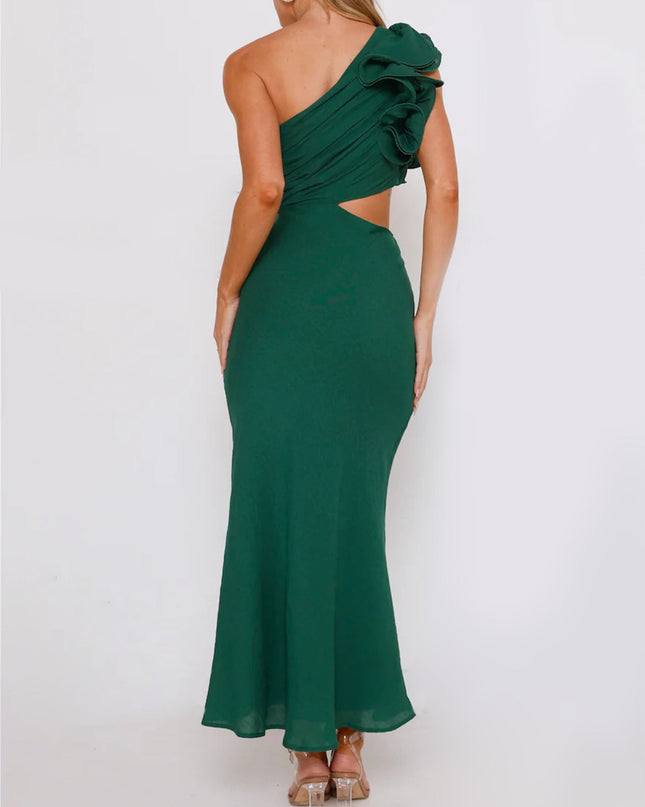 "Emerald Ruffle" One-Shoulder Maxi Dress
