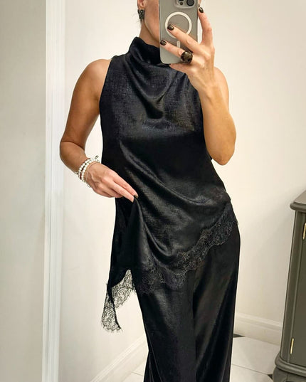 "Metallic Lace" Gold/Black Sleeveless High-Neck Asymmetrical Top
