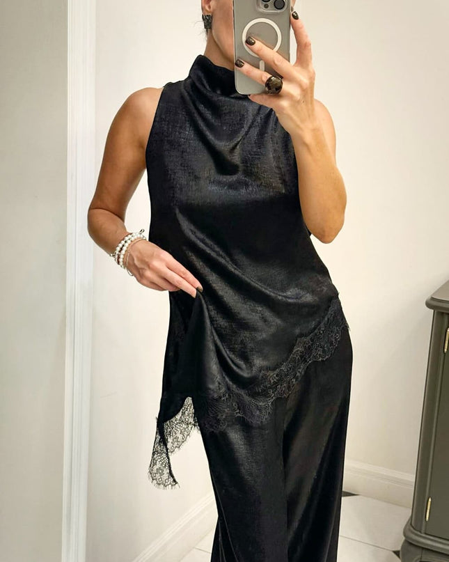 "Metallic Lace" Gold/Black Sleeveless High-Neck Asymmetrical Top