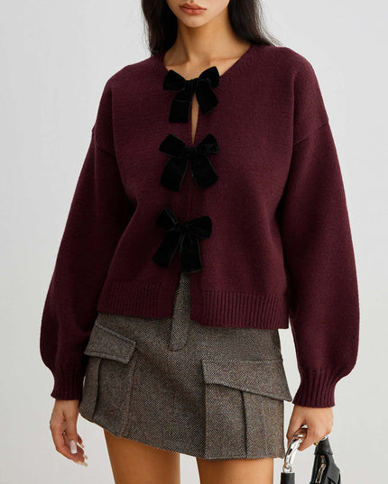 "Velvet Bow" Burgundy Knit Cardigan