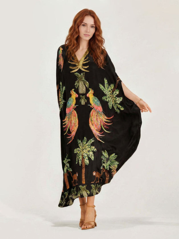 Black/Pink Parrot Print Maxi Dress