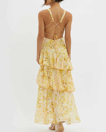 "Sunlit Petal" Yellow Floral Tiered Maxi Dress