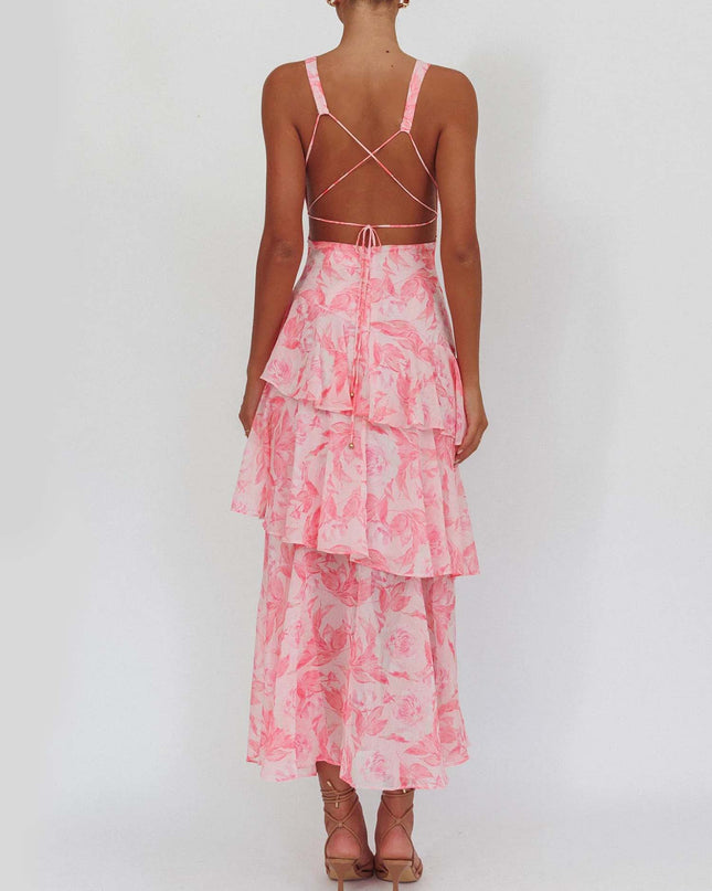 "Blush Petal" Pink Floral Tiered Maxi Dress
