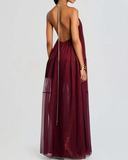 "Burgundy Breeze" Halter Neck Sheer Maxi Dress