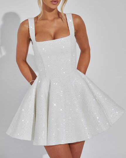 "Starlit Bow" Sequin Square Neck Mini Dress
