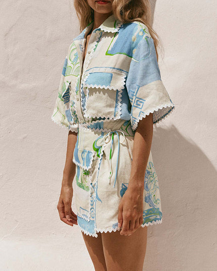 "Santorini Breeze" Patchwork Print Shorts Set