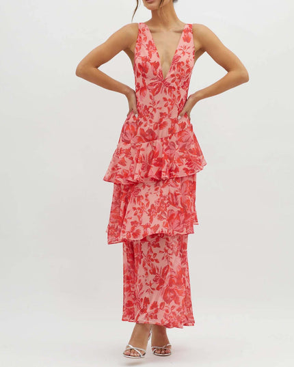 "Crimson Petal" Red Floral Tiered Maxi Dress