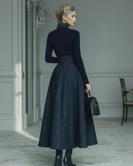 Exquisite High-neck Stretch Top And Plaid Skirt Two-piece Set