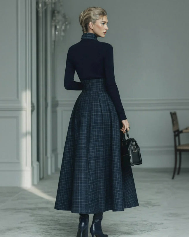 Exquisite High-neck Stretch Top And Plaid Skirt Two-piece Set