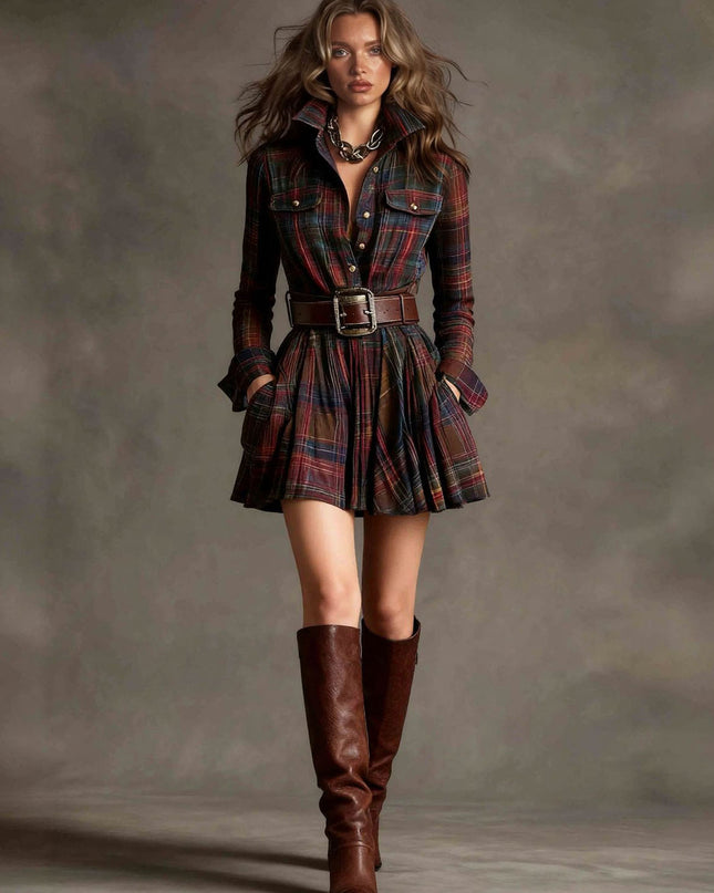 Retro Plaid Single-breasted Mini Dress