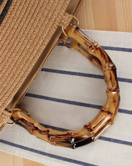 Bamboo Handle Striped Contrast Color Straw Handbag