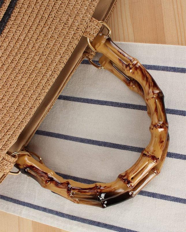 Bamboo Handle Striped Contrast Color Straw Handbag