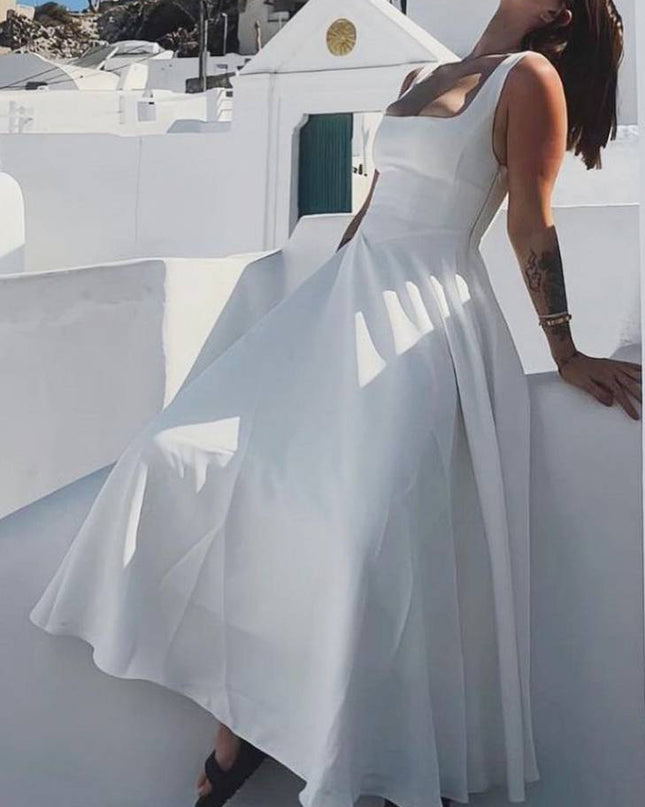 Elegant Sling Square Collar Large Swing MidI Dress