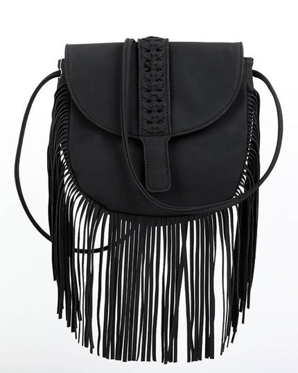 Woven Semi Circular Leather Tassel Crossbody Bag