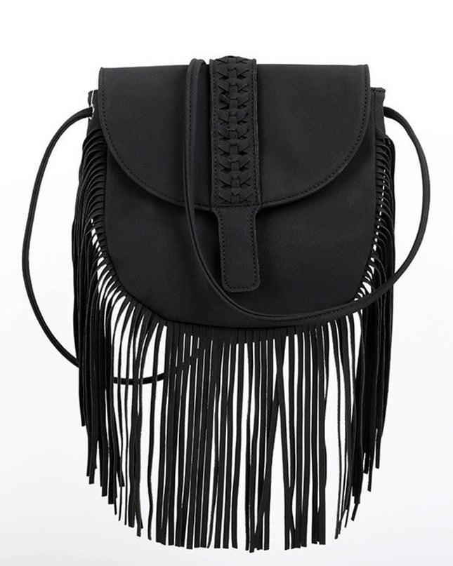 Woven Semi Circular Leather Tassel Crossbody Bag