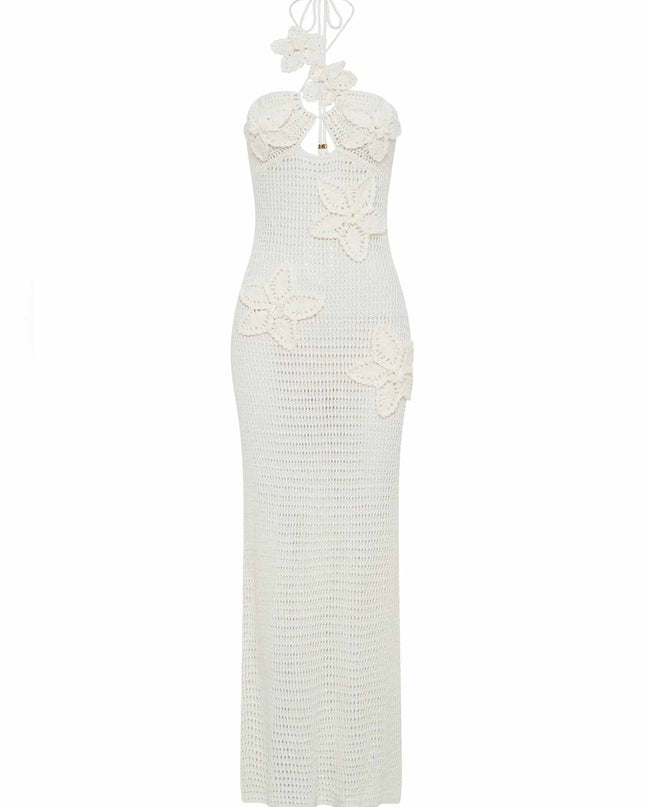 "Tropical Bloom" White Crochet Floral Halter Maxi Dress