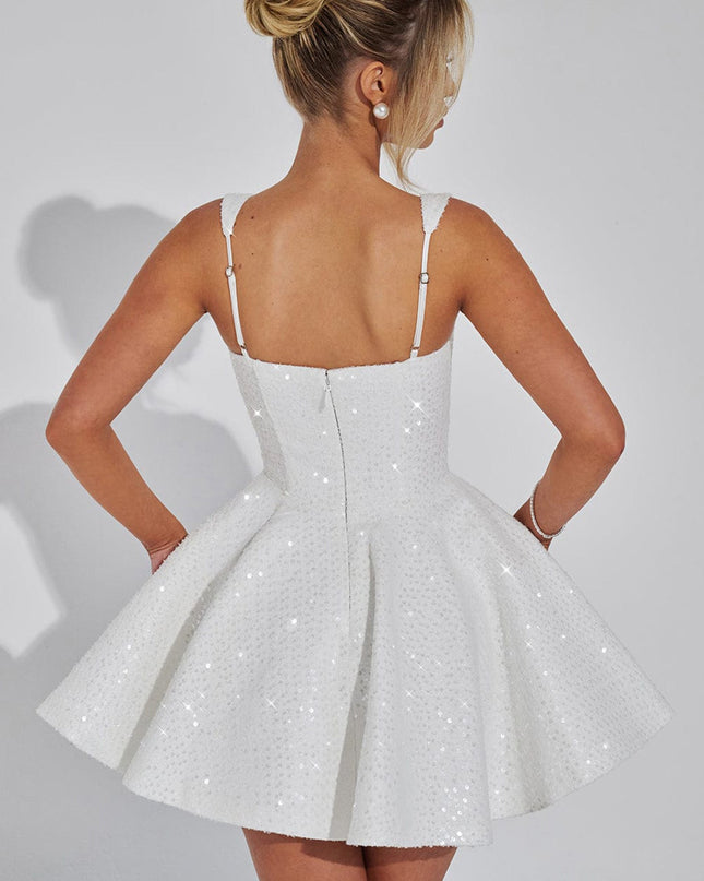 "Starlit Bow" Sequin Square Neck Mini Dress