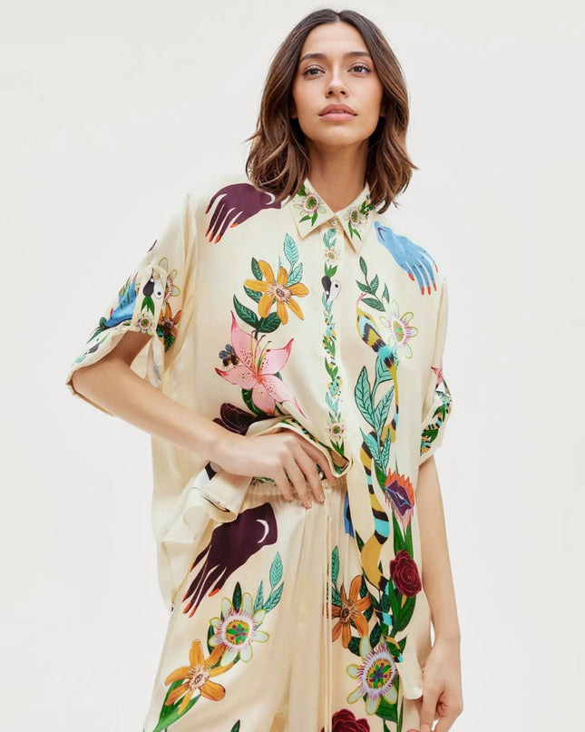 Satin Oversized Blouse with Sophisticated Print Two-Piece Set 2