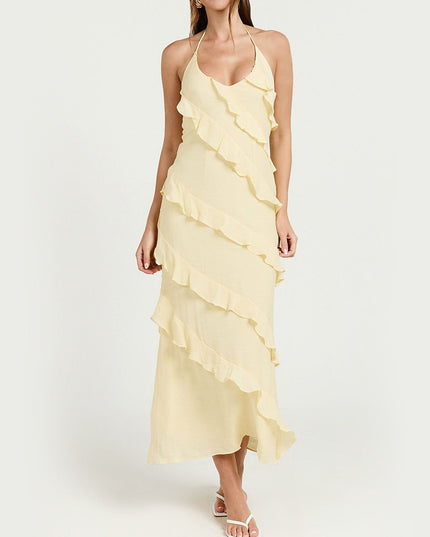 "Sunlit Ruffle" Yellow Halter Ruffle Midi Dress