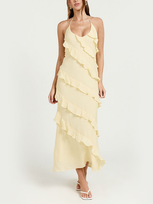 "Sunlit Ruffle" Yellow Halter Ruffle Midi Dress