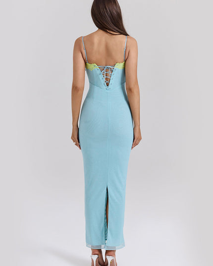 "Lemon Lace" Light Blue Mesh Maxi Dress with Yellow Lace Trim