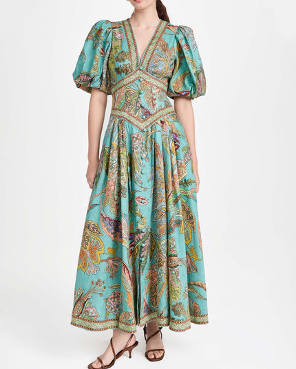 "Turquoise Paisley" Puff Sleeve V-Neck Maxi Dress