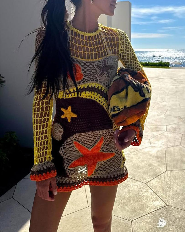 "Seaside Crochet" Multicolor Crochet Starfish Mini Dress