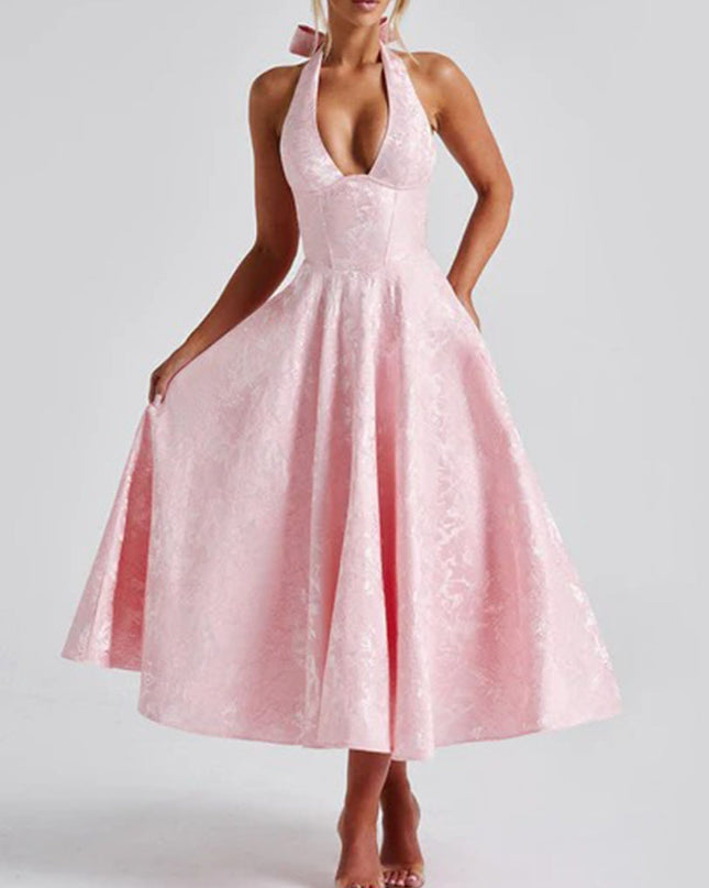 "Blush Jacquard" Halter Midi Dress