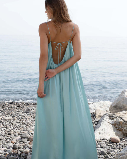 "Aqua Satin" Strappy Gathered Maxi Dress