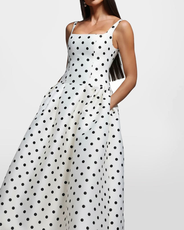 "Retro Dot" Polka Dot Square Neck Midi Dress