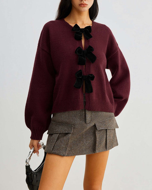 "Velvet Bow" Burgundy Knit Cardigan