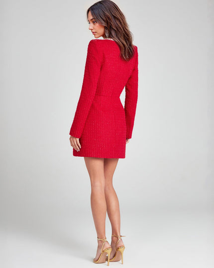 "Couture Tweed" Pearl-Trim Square Neck Mini Dress