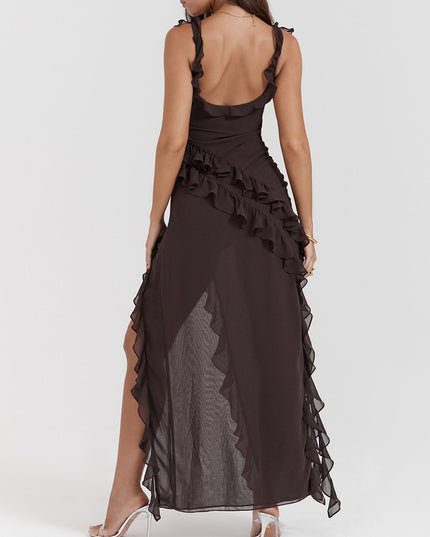 "Mocha Ruffle" Asymmetric Maxi Dress