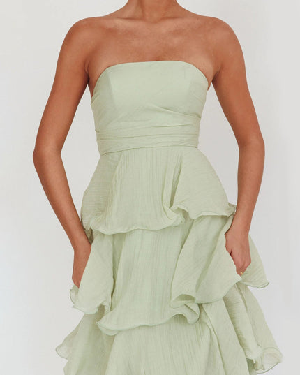 "Sage Ruffle" Strapless Tiered Maxi Dress