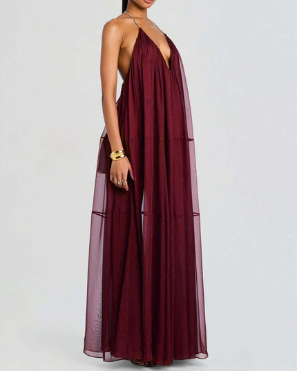 "Burgundy Breeze" Halter Neck Sheer Maxi Dress