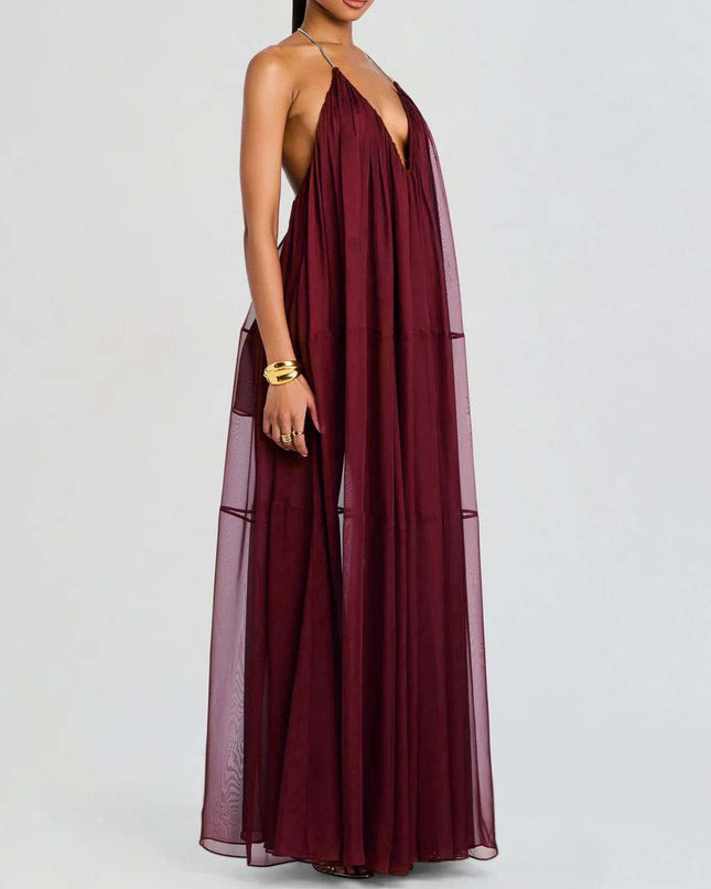 "Burgundy Breeze" Halter Neck Sheer Maxi Dress