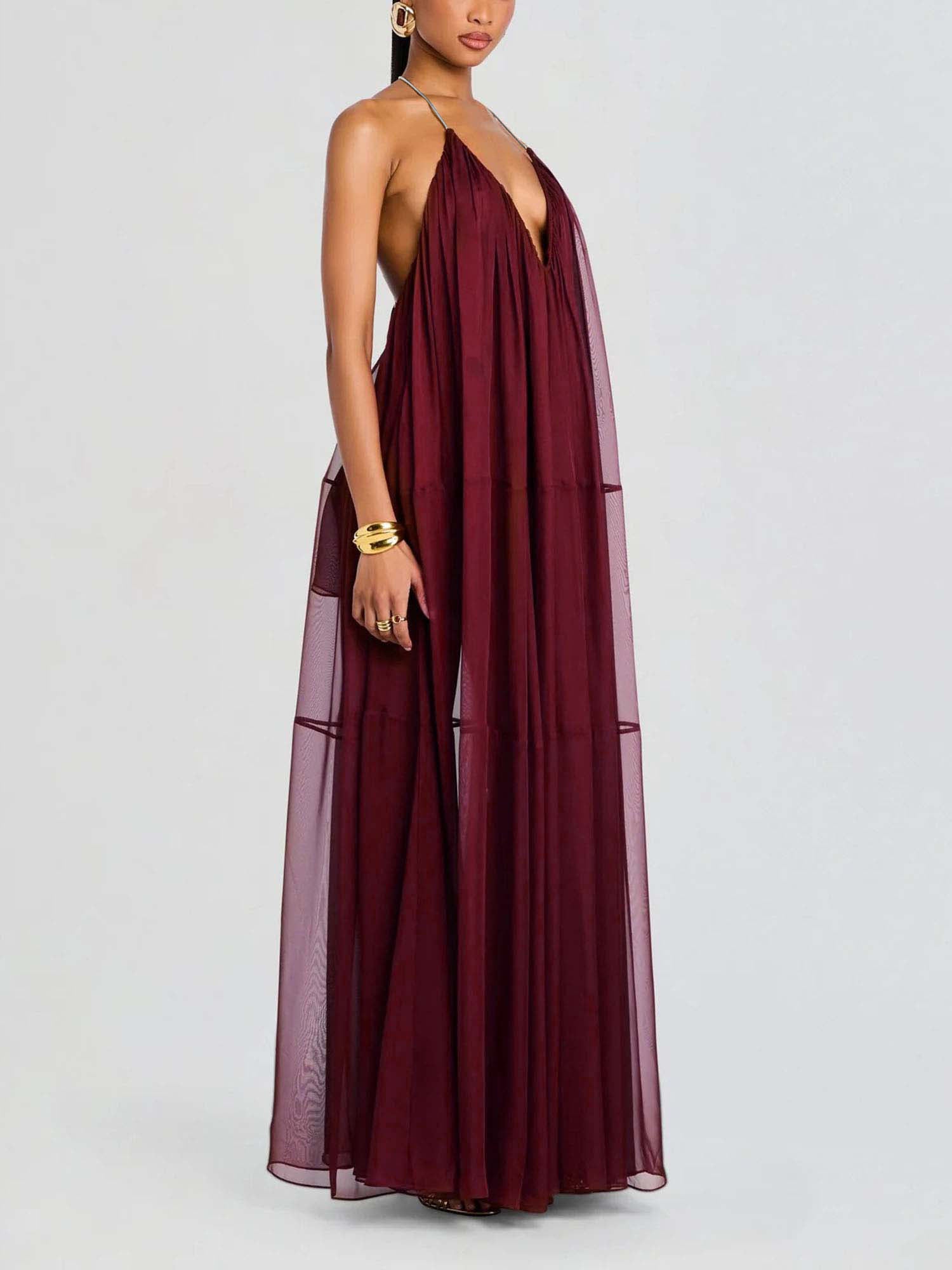 Burgundy Breeze" Halter Neck Sheer Maxi Dress LUNAVA Burgundy Breeze" Halter Neck Sheer Maxi Dress LUNAVA