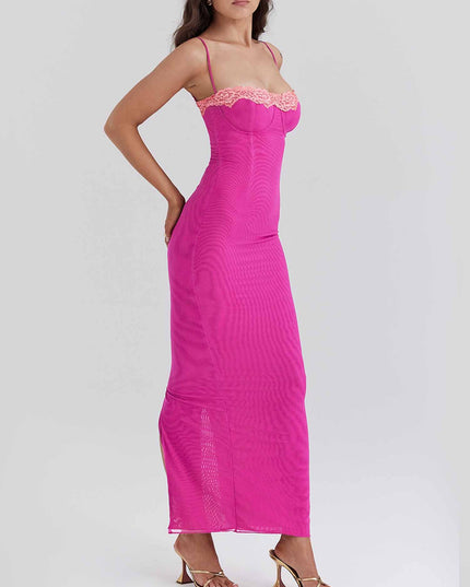 "Blush Lace" Hot Pink Mesh Maxi Dress with Pink Lace Trim