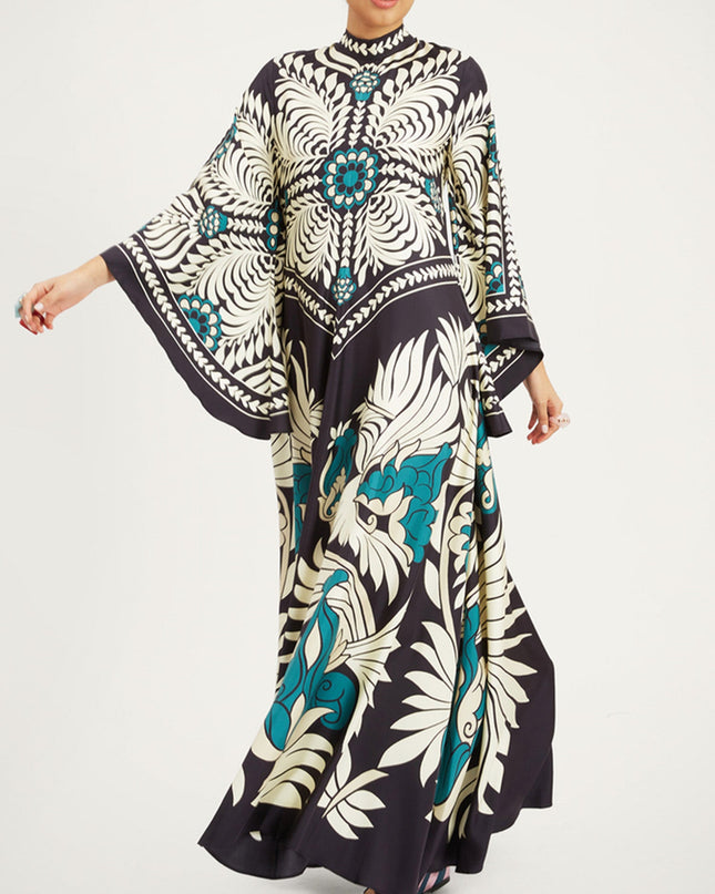 "Noir Tropics" Bold Floral Print Kaftan Maxi Dress