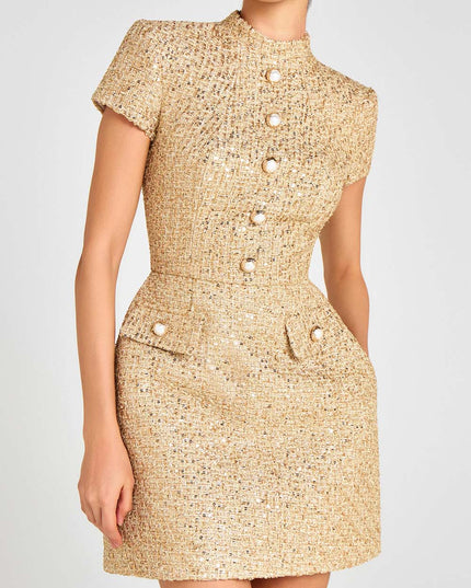 "Gilded Tweed" Gold Pearl-Trim Mini Dress