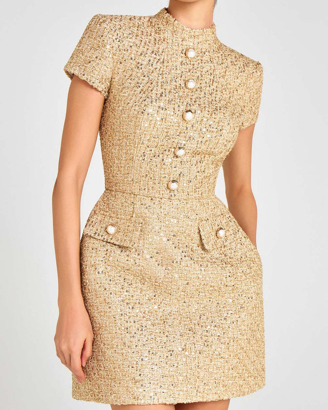 "Gilded Tweed" Gold Pearl-Trim Mini Dress