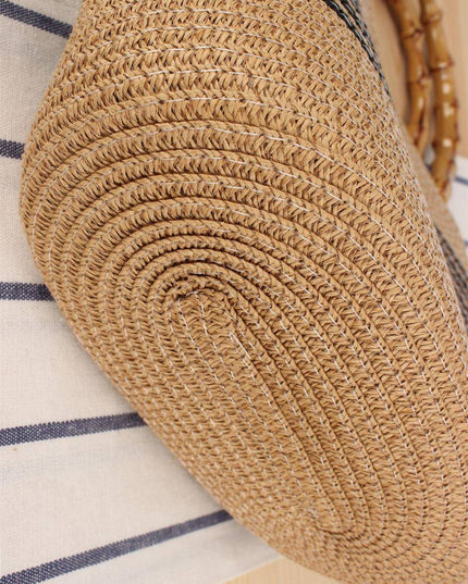 Bamboo Handle Striped Contrast Color Straw Handbag