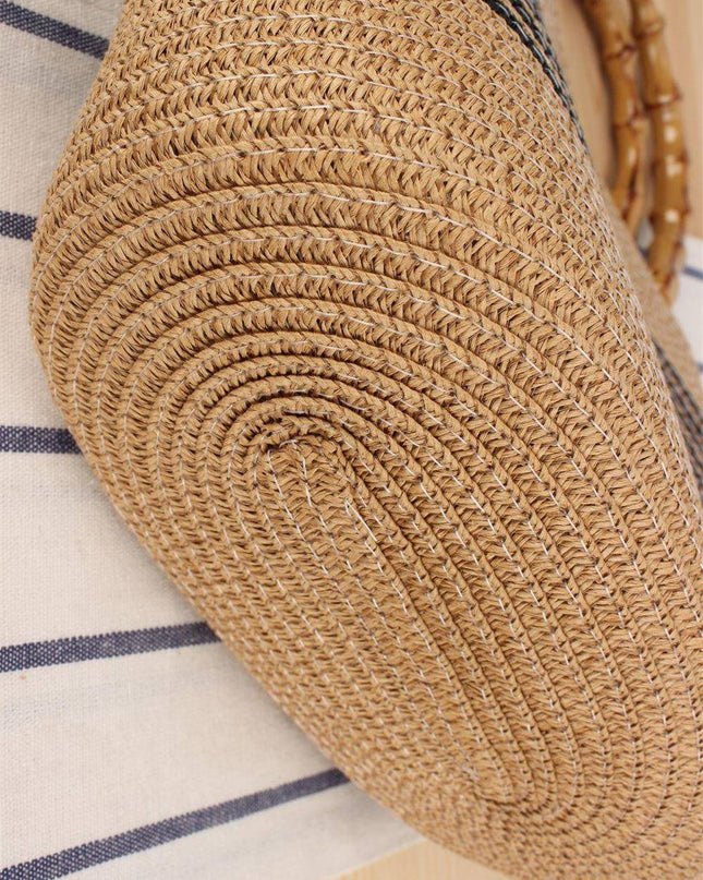 Bamboo Handle Striped Contrast Color Straw Handbag