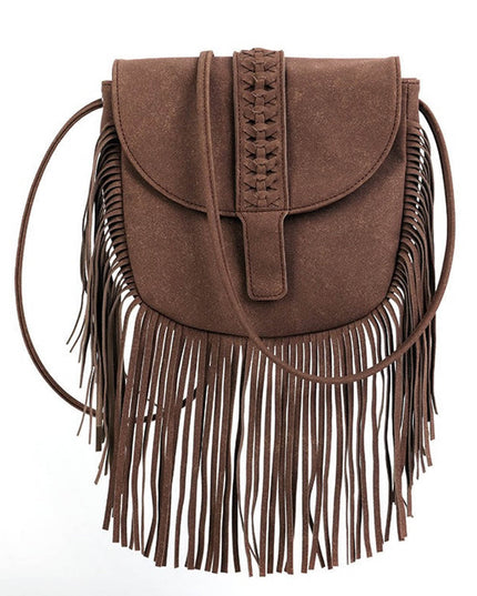Woven Semi Circular Leather Tassel Crossbody Bag