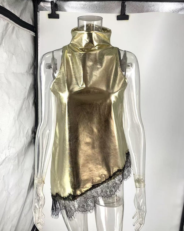 "Metallic Lace" Gold/Black Sleeveless High-Neck Asymmetrical Top