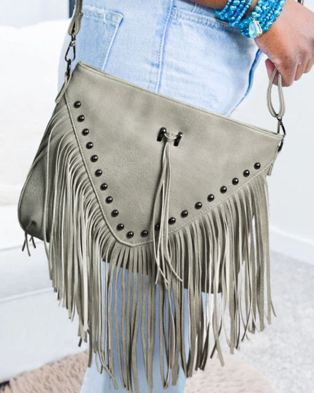 Rivet Fringe Tassel Leatherette Crossbody Bag