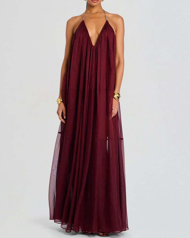"Burgundy Breeze" Halter Neck Sheer Maxi Dress