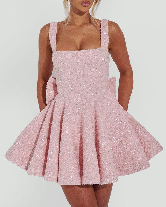 "Starlit Bow" Sequin Square Neck Mini Dress