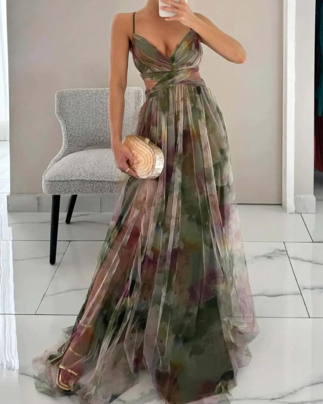 "Sunset Watercolor" Cutout Chiffon Maxi Dress